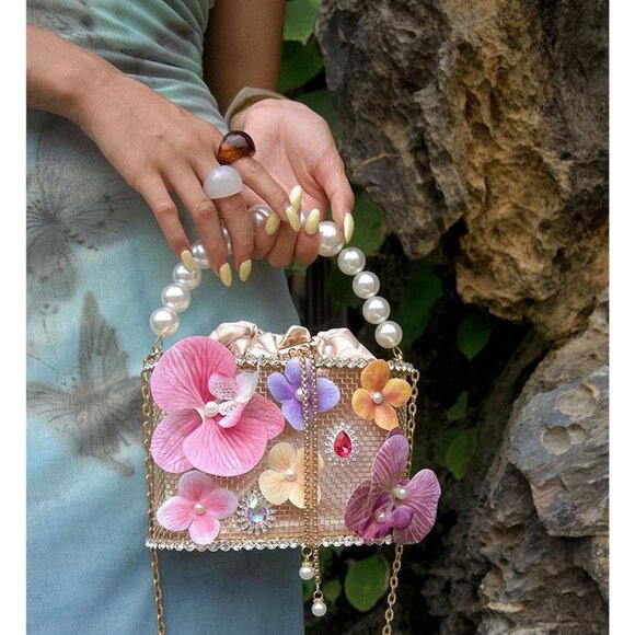 ⚡ Women's Multi Flower Shaped Rhinestone Evening Metallic Bucket Crossbody Bag - Picture 8 of 9